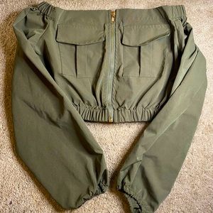 Cropped Olive Bomber Jacket Off The Shoulder